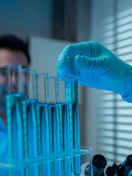 Un científico y su asistente trabajan juntos en el laboratorio con una gran cantidad de equipos de ciencia, como un microscopio, tubos de ensayo, un vaso de precipitados y una pipeta; dos científicos trabajando en su espacio de trabajo